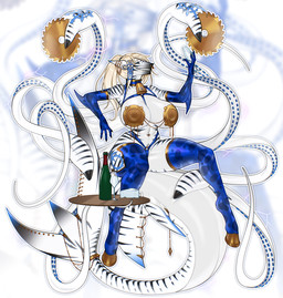 animal_print anthro back_tentacles big_breasts breasts chaos_undivided cheese clothing container cow_print cowbell cup dairy_products drinking_glass ear_piercing electricity facial_piercing female food furgonomic_piercing furgonomics glass glass_container glass_cup gold_(metal) gold_jewelry gold_piercing hair harness hooves huge_breasts jewelry nipple_plugs nose_piercing piercing platinum_blonde plug_(sex_toy) sawblade sex_toy simple_background sitting_on_tail slaanesh_mark slaaneshi_symbol smile solo standing_on_tail stripes tail teeth tentacles thick_collar thick_thighs wine_bottle wine_glass noizen cleopatra_la_jauge aquatic cephalopod coleoid fish hybrid mollusk shark thei'mare absurd_res digital_media_(artwork) hi_res
