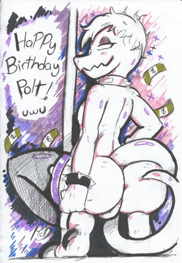 anthro biped bracelet butt butt_focus clothing collar crouching falling_money femboy fishnet_clothing fishnet_legwear hair half-closed_eyes happy_birthday jewelry leg_warmers leg_warmers_only legband legwear male markings money narrowed_eyes pink_markings pole rear_view solo spiked_bracelet spiked_collar spikes stripper stripper_pole thighband wavy_mouth white_body white_hair mcdave19 scalie full-length_portrait hi_res marker_(artwork) portrait traditional_media_(artwork)