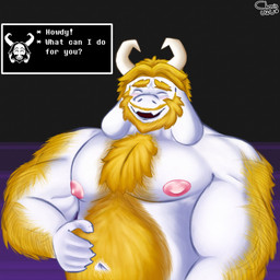 anthro arm_hair beard big_muscles big_pecs blonde_eyebrows blonde_hair blush body_hair chest_hair claws dialogue eyebrows eyes_closed facial_hair fur hair hand_on_belly horn male mature_anthro mature_male muscular muscular_arms mustache navel nipples nude nude_anthro nude_male pecs slightly_chubby slightly_chubby_anthro slightly_chubby_male smile solo text text_box white_body white_fur elchar_art undertale_(series) asgore_dreemurr boss_monster_(undertale) bovid caprine mammal 1:1 2026 absurd_res english_text hi_res signature