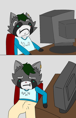 anthro chair clothed clothing comical computer_monitor computer_mouse computer_screen ear_piercing erection erection_under_clothing fur furniture furryd4v1d grey_background male office_chair piercing simple_background solo striped_body striped_fur stripes mammal procyonid raccoon hi_res