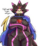 anthro belt black_body black_sclera blade blue_cape blue_clothing breasts cape clothing crossgender featureless_breasts female horn mtf_crossgender purple_body simple_background solo tail tail_blade text thick_thighs weapon_tail wide_hips yellow_horn gikowinko bandai_namco digimon digimon_ghost_game digimon_(species) gulusgammamon scalie english_text