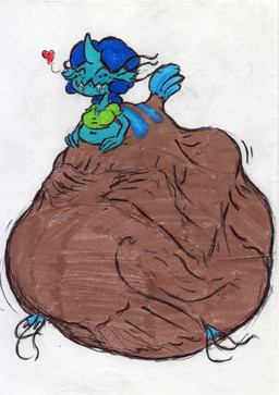 after_vore belly big_belly blue_body blue_hair breasts clothing duo female female_pred green_clothing green_shirt green_topwear hair huge_belly overweight shirt simple_background size_difference split_form topwear vore white_background shar0makai aquatic merfolk 2019 hi_res traditional_media_(artwork)