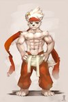 abs anthro bottomwear clothing ear_piercing fur green_eyes hair male muscular muscular_anthro muscular_male nipples pants pecs piercing pose shirtless_male simple_background smile solo standing white_body white_fur ainro elysium_above dong_xuan canid canine canis domestic_dog mammal