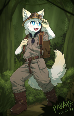 anthro backpack blue_eyes boots bottomwear brown_backpack brown_boots brown_bottomwear brown_clothing brown_footwear brown_pants brown_topwear clothed clothing eyewear eyewear_on_head fangs footwear fur goggles goggles_on_head hair inner_ear_fluff male open_mouth open_smile outside pants plant pupils shoes shrub smile solo standing teeth topwear tree tuft wearing_hat white_body white_fur white_hair white_inner_ear_fluff white_pupils papayafurry canid canine fox mammal full-length_portrait hi_res portrait