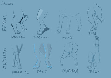 4_toes ambiguous_gender ankle_cuffs anthro ass_up butt claws cuff_(restraint) digitigrade digitigrade_heels digitigrade_paws feet feral hind_legs hindpaw implied_nudity kneeling pawpads paws presenting presenting_hindquarters raised_leg restraints tail tail_motion tailwag text toe_claws toes yahamato ambiguous_species canid canine human mammal absurd_res black_and_blue english_text hi_res monochrome