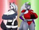 absolute_territory armwear big_breasts bottomwear breasts canid canid_demon canine canis chest_tuft clothing collar demon duo ear_piercing ear_ring female five_nights_at_freddy's five_nights_at_freddy's:_security_breach fur furryrex_(artist) green_hair hair hellhound helluva_boss hi_res huge_breasts hyper hyper_breasts legwear long_hair loona_(helluva_boss) makeup mammal mythological_canine mythological_creature mythology nipple_outline piercing red_eyes ring_piercing roxanne_wolf scottgames shorts spiked_collar spikes steel_wool_studios stockings tuft white_body white_fur wolf yellow_eyes