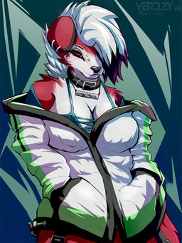 anthro big_breasts black_nose blush bottomwear breasts clothed clothing collar ear_piercing ear_ring eyelashes facial_piercing female fur hair hand_in_pocket hands_in_both_pockets huge_breasts jacket looking_at_viewer multicolored_body multicolored_fur multicolored_hair neckwear nose_piercing piercing pockets red_body red_eyes red_fur ring_piercing simple_background smile solo standing thick_thighs topwear two_tone_body two_tone_fur two_tone_hair white_body white_fur verolzy nintendo pokemon reece_(verolzy) canid canine canis domestic_dog generation_7_pokemon lycanroc mammal midnight_lycanroc pokemon_(species) 3:4 digital_media_(artwork) hi_res