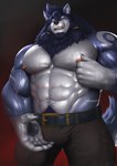 5_fingers anthro arm_hair barazoku beard belt big_muscles black_claws blue_body blue_fur blue_hair body_hair bottomwear claws clothed clothing eyebrows facial_hair fingers fur grin hair huge_muscles humanoid_hands looking_at_viewer male multicolored_body multicolored_fur muscular muscular_anthro muscular_male nipple_fetish nipple_pinch nipple_play nipples pants pinch pink_nipples red_eyes simple_background smile solo standing thick_eyebrows topless tusks two_tone_body two_tone_fur vein veiny_muscles white_body white_fur earthist merphilox_bigwolf canid canine canis mammal wolf 2021 absurd_res hi_res