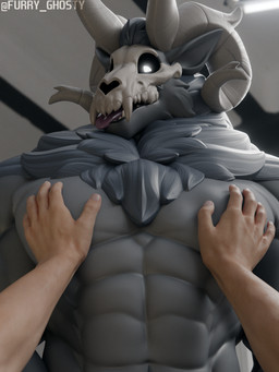 abs anthro black_body black_hair black_sclera bone chest_tuft duo hair horn inside looking_at_viewer male male/male muscular pec_grab pecs pov_hands skull skull_head tongue tongue_out tuft furry_ghosty leodamodeler_(modeler) american_mythology indigenous_north_american_mythology mythology north_american_mythology roderick_(elsifthewolf) wechuge wendigo 2025 3:4 3d_(artwork) absurd_res digital_media_(artwork) hi_res
