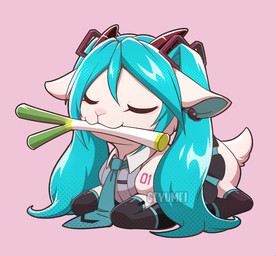 alternate_species clothed clothed_female clothed_feral clothing eyes_closed female feral feralized food front_view fur furrification hair horn inner_ear_fluff leek lying on_front onion plant simple_background smile solo tail tuft vegetable seyumei vocaloid yamaha_corporation hatsune_miku bovid caprine goat mammal 2026 digital_drawing_(artwork) digital_media_(artwork)