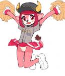 anthro baseball_uniform biped blush bodily_fluids bottomwear cheerleader clitoris clothed clothing female footwear fur genitals gloves hair handwear hat headgear headwear horn jumping kemono loli mascot no_underwear open_mouth pink_eyes pink_hair pom_poms pussy shirt shoes simple_background skirt solo sportswear sweat tail tail_tuft text text_on_clothing text_on_shirt text_on_topwear topwear tuft uniform upskirt white_background white_body white_fur young young_anthro kemonon nippon_professional_baseball orix_buffaloes buffalo_bell bovid bovine mammal