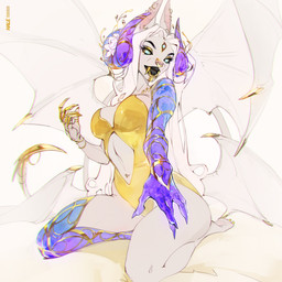 anthro biped breasts claws clothed clothed_anthro clothed_female clothing feet female fingers front_view hair horn kneeling looking_at_viewer navel solo tail teeth toes wings hale. mammal 1:1 2026 digital_drawing_(artwork) digital_media_(artwork) hi_res