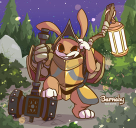 armor backpack buckteeth detailed_background hammer headgear helmet lamp long_ears looking_at_viewer male outside plant semi-anthro sky solo teeth tools tree young kukat armello league_of_geeks barnaby_(armello) lagomorph leporid mammal rabbit 2016 absurd_res hi_res