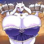 1:1 2022 alcohol anthro barmaid beer bell beverage big_breasts boss_monster_(undertale) bovid breasts caprine cleavage clothed clothing dress female floppy_ears fur hi_res holding_object horn huge_breasts hyper hyper_breasts ichduhernz looking_at_viewer mammal mature_female red_eyes smile solo toriel undertale undertale_(series) white_body white_fur