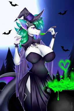 5_fingers anthro big_tail black_body black_clothing cauldron clothed clothing countershading cropped_topwear cross curvy_figure cutlery dress female fingers green_hair hair hat headgear headwear heart_symbol hourglass_figure kitchen_utensils magic_user moon multicolored_hair night plant purple_eyes sky slit_dress solo spoon tail tools tree witch witch_costume witch_hat nanniras cera_(vulpisshadowpaws) aquatic bat fish mammal shark 2020 hi_res shaded signature