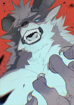 2_horns anthro blue_eyes brown_body brown_fur claws countershade_face countershade_fur countershade_torso countershading cut_horn eyebrows fangs finger_claws fur gums hair head_horn horn looking_at_viewer looking_down looking_down_at_viewer male nude_anthro nude_male open_mouth pupils red_background ringed_iris simple_background slit_pupils solo teeth tongue_showing white_body white_eyebrows white_fur white_hair white_sclera chiayeeee canid canine canis mammal wolf 2024 bust_portrait chromatic_aberration digital_drawing_(artwork) digital_media_(artwork) portrait