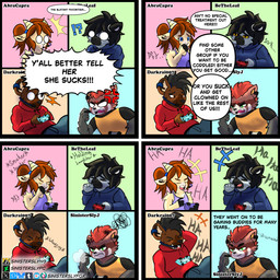 black_hair black_nose blue_clothing blue_eyes blue_hoodie blue_topwear bluetooth_headset brown_body brown_fur brown_hair clothing controller dialogue dialogue_box female fur furgonomic_headwear furgonomics game_controller gamer_girl gaming gaming_headset green_eyes hair hoodie laugh laughing_at_another male multicolored_body multicolored_fur orange_body orange_clothing orange_eyes orange_fur orange_shirt orange_topwear playing_video_game playstation_controller ponytail purple_camisole red_body red_clothing red_eyes red_fur red_hair red_hoodie red_topwear shirt simple_background text topwear yellow_body yellow_fur yellow_sclera sinisterslyfox playstation sony_corporation sony_interactive_entertainment ailurid bovid caprine goat hyena lemur mammal primate red_panda strepsirrhine 1:1 comic english_description english_text hi_res shaded soft_shading