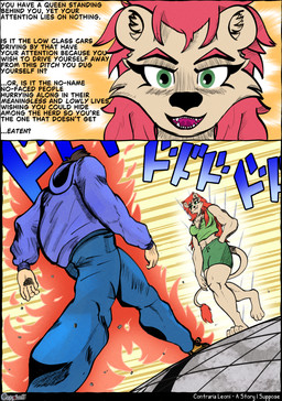 abs anthro bottomwear breasts chest_tuft cleavage clothed clothing contraria crop_top denim denim_bottomwear denim_clothing dialogue duo fangs female hair happy hoodie inner_ear_fluff jeans jojo_pose looking_at_viewer male male/female midriff muscular muscular_anthro muscular_female pants red_hair sharp_teeth shirt shorts tail teeth text topwear tuft cosmonaut jojo's_bizarre_adventure menacing_approach stardust_crusaders felid human lion mammal pantherine comic english_text hi_res signature