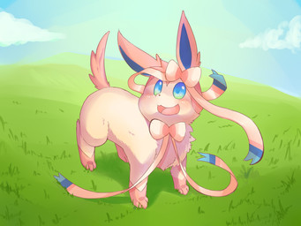 ambiguous_gender blue_eyes cloud day feral fur grass looking_up open_mouth outside pink_body pink_fur plant shadow sky slightly_chubby solo hauhau_mg nintendo pokemon canid canine eeveelution generation_6_pokemon mammal pokemon_(species) sylveon 2015 4:3