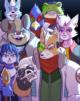 5_fingers abs abstract_background anthro baseball_cap beak black_nose blue_body blue_eyes blue_feathers blue_fur blue_hair bone broken_glasses buckteeth clothing crown ear_piercing eyebrows eyelashes eyes_closed eyewear fangs feathers female fingers fur glasses gloves green_eyes grey_body grey_fur group hair handwear hat headgear headwear holding_object holding_weapon jewelry krystal's_staff male multicolored_body multicolored_fur muscular muscular_anthro muscular_male open_mouth orange_body orange_fur parody piercing pink_body pink_fur purple_eyes red_body red_feathers scarf skull smile staff sunglasses tan_body tan_fur teeth tiara weapon white_body white_fur white_hair luchosfactory nintendo star_fox thragg_and_viltrumites_panel falco_lombardi fox_mccloud james_mccloud katt_monroe krystal_(star_fox) marcus_mccloud peppy_hare slippy_toad avian bird canid canine canis domestic_cat falcon falconid felid feline felis fox hare lagomorph leporid mammal rabbit absurd_res hi_res signature