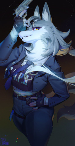 5_fingers anthro belt biped bottomwear breasts bulletproof_vest claws clenched_teeth clothed clothed_anthro clothed_female clothing countershade_fur countershade_torso countershading female finger_claws fingerless_gloves fingers front_view fully_clothed fully_clothed_anthro fully_clothed_female fur gloves grey_body grey_fur grey_tail gun hand_on_hip hand_on_own_hip handgun handwear holding_gun holding_object holding_ranged_weapon holding_weapon inner_ear_fluff jacket looking_at_viewer open_clothing open_jacket open_topwear pants ranged_weapon revolver shirt smile solo standing tail teeth topwear tuft weapon yellow_eyes aruurara sanbaka!!! gagaka_verteus_(sanbaka!!!) canid canine canis mammal 2025 absurd_res digital_drawing_(artwork) digital_media_(artwork) hi_res