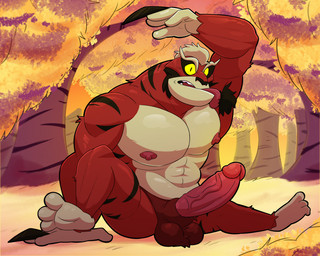 3_toes 4_fingers animal_genitalia anthro armpit_fetish armpit_lick armpit_play balls barefoot big_muscles big_pecs big_penis blush bottomless clothed clothing embarrassed erection exposed fangs feet fingers forest forest_background fur genitals glans licking looking_at_viewer male multicolored_body multicolored_fur muscular muscular_male nature nature_background nipples nude nude_anthro nude_male outside pecs penis personal_grooming plant public public_nudity red_body red_fur self_lick sheath solo stripes surprised teeth toes tongue tree two_tone_body two_tone_fur vein veiny_penis yellow_sclera leothelionel ben_10 cartoon_network rath_(ben_10) alien appoplexian felid feline mammal 5:4 hi_res