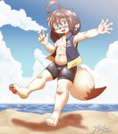 anthro beach blue_eyes blush bottomwear chest_tuft clothed clothing cloud floppy_ears fur gesture hair hand_gesture looking_at_viewer male navel outside pawpads seaside shorts sky smile solo tuft v_sign water waving white_body white_fur kivwolf rigel_(kivwolf) canid canine canis domestic_dog mammal 2020 hi_res