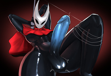 anthro balls big_breasts big_penis black_body black_eyes blue_penis bodily_fluids breasts cloak cloak_only clothing crossgender erection ftg_crossgender fti_crossgender genital_fluids genitals glans glistening glistening_balls glistening_genitalia glistening_penis glistening_thighs gynomorph holding_melee_weapon holding_object holding_weapon hornet's_needle huge_penis intersex lying melee_weapon mouthless nipples non-mammal_breasts non-mammal_nipples on_back penis precum red_cloak red_clothing solo sweat thick_thighs thread weapon zenfry hollow_knight_(franchise) team_cherry hornet_(hollow_knight) arthropod hi_res