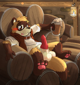 3_toes 4_fingers alcohol animal_genitalia animal_penis anthro balls beer beverage big_balls bottomless brown_body brown_eyes brown_fur brown_nose candle canine_genitalia canine_penis clothed clothing drunk erection feet fingers fur genitals looking_at_viewer male pawpads penis shirt slightly_chubby solo substance_intoxication t-shirt toes tongue tongue_out topwear vest white_body white_fur al-cat canid canine mammal raccoon_dog tanuki hi_res