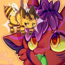 angry anthro chibi duo fangs feral fluffy flying fur glistening green_tongue hair happy insect_wings male male/male micro open_mouth rope size_difference smile striped_body stripes teeth tongue tuft wings strawberrynightmilk arthropod avali avian bee hybrid hymenopteran insect 1:1 absurd_res hi_res