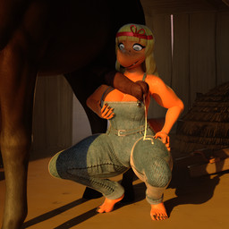 animal_genitalia anthro bestiality blonde_hair bodily_fluids breasts clothed clothing crouching cum duo equine_genitalia erection female feral fingers genital_fluids genitals hair long_hair male male/female orange_body overalls squatting_pose anonymous_artist cavemanon_studios snoot_game heather_(snoot_game) dinosaur equid equine horse mammal prehistoric_species reptile scalie 1:1 3d_(artwork) digital_media_(artwork)