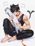 5_fingers biped black_hair blue_eyes clothed clothing eyebrows fingers hair heterochromia human_and_animal_ears male multi_ear muscular muscular_humanoid muscular_male plushie simple_background solo tail tail_motion white_background nemuimori animal_humanoid cat_humanoid felid felid_humanoid feline feline_humanoid humanoid mammal mammal_humanoid tailed_humanoid absurd_res hi_res