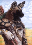 anthro arrow_(weapon) bone bow_(weapon) cloud day desert holding_object holding_weapon hunting male outside plains quiver_(object) ranged_weapon savanna sky solo teeth tribal warrior weapon simul african_wild_dog canid canine mammal 2011 half-length_portrait portrait