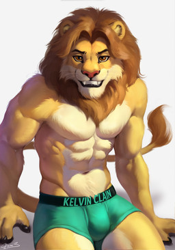 4_fingers abs anthro biceps boxers_(clothing) boxers_only brown_body brown_eyes brown_fur bulge clothed clothing fingers fur hair looking_at_viewer male muscular muscular_anthro muscular_male navel pecs simple_background sitting smile solo tail tail_tuft text topless tuft underwear underwear_only whiskers white_background dimonis calvin_klein felid lion mammal pantherine 2026 cel_shading digital_drawing_(artwork) digital_media_(artwork) english_text hi_res shaded signature