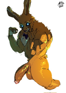 anthro balls blue_eyes bow_tie erection fur genitals glans glowing glowing_eyes male muscular penis simple_background solo standing white_background yellow_body muranoshisoka five_nights_at_freddy's scottgames agony_rabbit_(polareclipsed) lagomorph leporid mammal rabbit 2026 hi_res