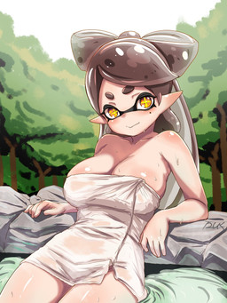 big_breasts breasts collarbone eyebrows eyelashes female glistening glistening_body glistening_breasts glistening_skin hot_spring humanoid_pointy_ears mole_under_eye onsen pointy_ears pseudo_hair smile solo tentacle_hair tentacles towel towel_only water yellow_eyes t2ukmyjm nintendo splatoon callie_(splatoon) animal_humanoid aquatic cephalopod humanoid inkling mollusk mollusk_humanoid 2025 3:4 hi_res