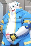 anthro belly big_belly black_nose blush detailed_background erection genitals humanoid_hands kemono male moobs navel overweight overweight_male penis solo white_body inugamihito lifewonders live_a_hero yohack canid canine canis domestic_dog mammal nordic_sled_dog samoyed spitz 2023 absurd_res hi_res