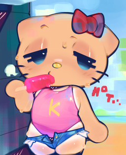 anthro beach biped blush blush_lines bodily_fluids bottomwear bow_ribbon chibi clothed clothed_anthro clothed_female clothing cloud_emanata detailed_background dialogue eating eating_food ellipsis emanata empty_eyes eyebrows featureless_hands female food half-closed_eyes holding_food holding_object holding_popsicle hotpants minishorts multicolored_body narrowed_eyes one-piece_swimsuit open_bottomwear open_clothing open_shorts outside partially_clothed partially_clothed_anthro partially_clothed_female pink_clothing pink_one-piece_swimsuit pink_swimwear popsicle raised_eyebrow red_ribbon shorts simple_eyes standing stylized_empty_eyes suntan sweat sweatdrop sweaty_face swimwear tan_body tan_line text two_tone_body whiskers white_body yellow_nose young young_anthro young_female ligma_(artist) hello_kitty_(series) sanrio hello_kitty_(character) domestic_cat felid feline felis mammal 2025 digital_media_(artwork) english_text hi_res portrait shaded soft_shading three-quarter_portrait