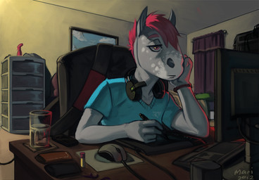 anthro backpack bed bedding blanket blue_clothing blue_topwear cellphone chair chapstick clothed clothing computer computer_mouse container cup desk drawer drawing_tablet electronics eyebrows fur furniture green_pillow grey_body grey_fur hair headphones keyboard male painting_(object) pen phone pillow pink_eyes pink_hair purple_curtains smartphone solo speaker table topwear wallet water mariart mari_(omari) equid equine horse mammal 2012 signature