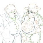 anthro belly clothing coat colored_lines duo eyewear glasses gloves handwear hat headgear headwear lab_coat male necktie straw_hat topwear zipper furries_tetras lifewonders tokyo_afterschool_summoners leib_(tas) volos_(tas) bear mammal polar_bear ursine 1:1 absurd_res hi_res line_art