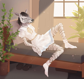 anthro bed bedroom clothed clothing female furniture plant resting school_uniform solo uniform hiroside_(artist) beastars ellen_(beastars) equid equine mammal zebra source_request unavailable_at_source