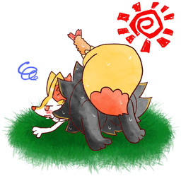 ambiguous_anthro ambiguous_gender anthro biped blush blush_stickers bodily_fluids digitigrade dipstick_tail drooling food grass lying markings on_front open_mouth plant rear_view saliva shrimp_(food) simple_background snout solo spiral spiral_pupils sun sweat sweatdrop tail tail_markings annyui0611 nintendo pokemon braixen canid generation_6_pokemon mammal pokemon_(species) 1:1 2023 digital_drawing_(artwork) digital_media_(artwork) full-length_portrait hi_res japanese_description portrait translated_description