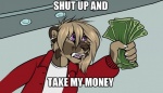 ambiguous_gender anthro brown_body brown_fur brown_nose clothed clothing comedy_central digital_media_(artwork) ear_piercing english_text f-r95 falla_(f-r95) fangs felid fur futurama hair holding_money holding_object humor jacket mammal meme money open_mouth parody philip_j._fry piercing purple_eyes saber-toothed_tiger sabertooth_(anatomy) shut_up_and_take_my_money simple_background solo tan_hair teeth text topwear