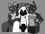 anthro blush clothed clothing ear_piercing ear_ring female group looking_at_viewer male open_mouth piercing ring_piercing trio goonie-san bacardi_(muart242) moon_knight tarahe human mammal hi_res monochrome