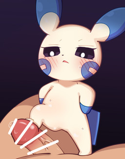ambiguous_gender anthro black_background black_eyes blue_body blush bodily_fluids censor_bar chibi dominant dominant_ambiguous dominant_anthro duo featureless_feet feet foot_fetish foot_on_penis foot_play genital_fluids genitals interspecies larger_human larger_male larger_sub male penis pokephilia precum simple_background size_difference smaller_ambiguous smaller_anthro submissive submissive_male yellow_body himimi nintendo pokemon generation_3_pokemon human mammal minun pokemon_(species) censored hi_res