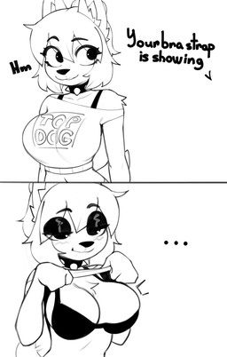 anthro biped bra breasts clothed clothed_anthro clothed_female clothing female fingers front_view fur simple_background smile solo standing tail text underwear domasarts canid canine canis domestic_dog mammal 2026 absurd_res comic digital_drawing_(artwork) digital_media_(artwork) english_text hi_res