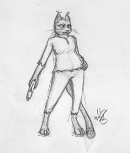 3_toes anthro barefoot biped bottomwear clothed clothed_anthro clothed_female clothing digitigrade dipstick_tail dot_pupils ear_tuft eyelashes feet female fully_clothed fully_clothed_anthro fully_clothed_female gun half-closed_eyes hand_on_hip handgun holding_object holding_weapon markings narrowed_eyes pants paws pointy_ears prick_ears ranged_weapon shirt simple_background solo standing tail tail_markings three-quarter_view toes topwear torn_clothing tuft weapon whiskers white_background just_w domestic_cat felid feline felis mammal 2025 absurd_res dated english_description full-length_portrait graphite_(artwork) greyscale hatching_(art) hi_res monochrome portrait shaded signature sketch traditional_media_(artwork)