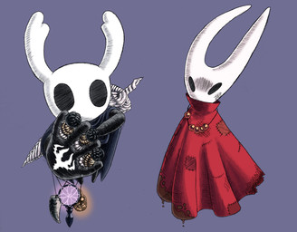 2_horns ambiguous_gender beads black_body black_eyes bruised_cheek cloak clothing dirty dirty_clothing duo female fingers horn jewelry markings melee_weapon mud nail_(weapon) necklace patched_clothing prayer_beads red_cloak red_clothing rosary torn_clothing weapon weapon_on_back alillust hollow_knight:_silksong hollow_knight_(franchise) team_cherry hornet_(hollow_knight) the_knight_(hollow_knight) arthropod vessel_(species) 2025 hi_res