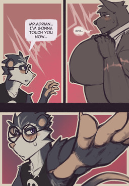 3_panel_comic anthro arm_scar big_muscles big_nipples big_pecs black_body black_clothing black_fur black_shirt black_tank_top black_topwear clothing dialogue duo ellipsis fur hands_on_pecs huge_pecs male male/male muscular muscular_anthro muscular_male nipples pecs reaching_towards_another scar shirt speech_bubble tank_top text topwear king_slabu adrian_(king_slabu) nolan_(king_slabu) american_opossum canid canine canis domestic_dog mammal marsupial spirit virginia_opossum absurd_res comic digital_media_(artwork) english_text hi_res