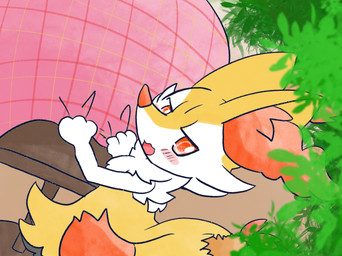 ambiguous_anthro ambiguous_gender anthro biped blush blush_stickers detailed_background dutch_angle food furniture holding_cloth leaf looking_at_viewer looking_back looking_back_at_viewer open_:3 open_mouth open_smile outside picnic_table rear_view shrimp_(food) smile snout solo table annyui0611 nintendo pokemon braixen canid generation_6_pokemon mammal pokemon_(species) 2024 digital_drawing_(artwork) digital_media_(artwork) hi_res japanese_description translated_description